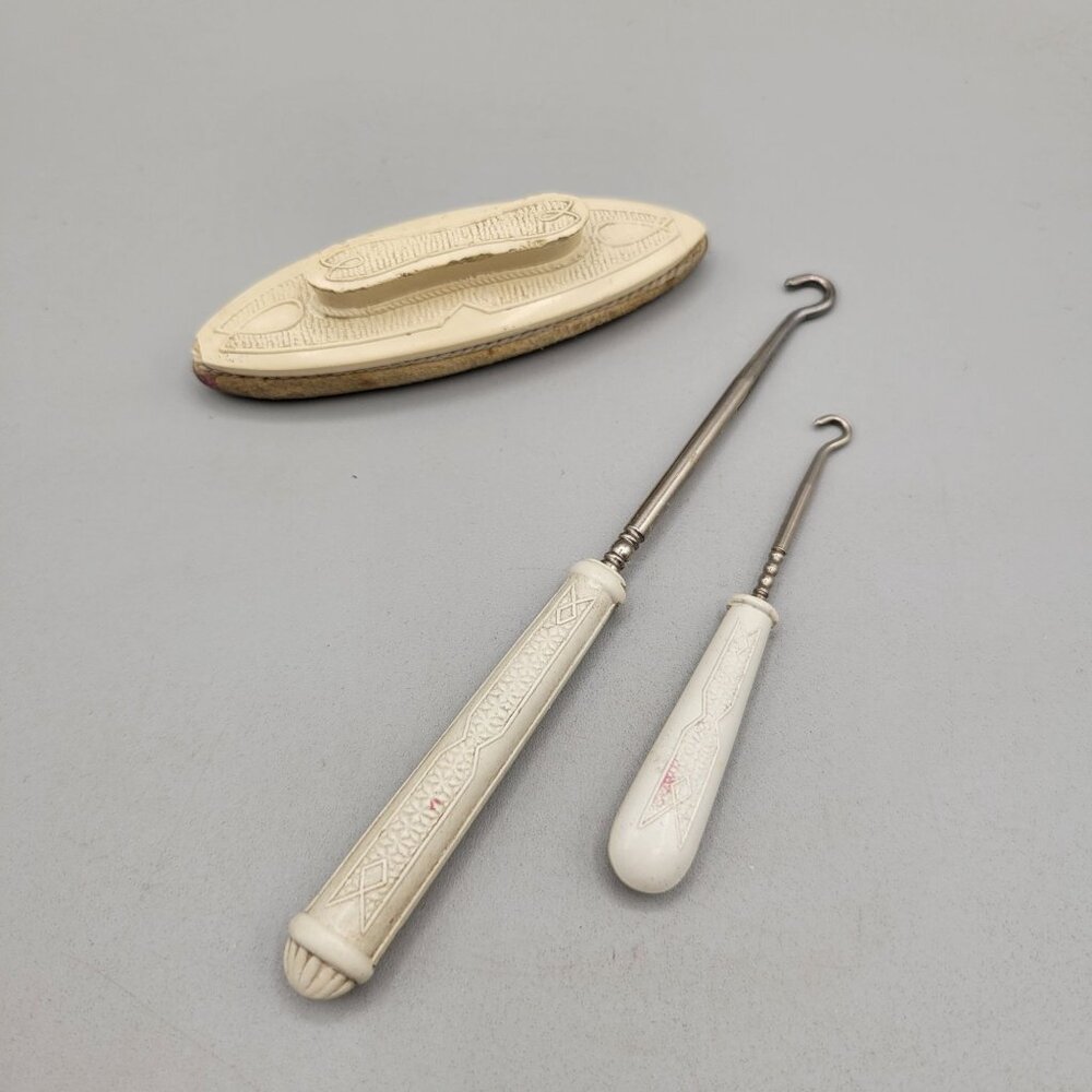 Antique Vanity Set Nail Buffer Two Button Hooks 3 Pieces